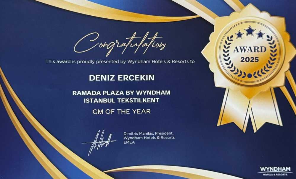 Deniz Erçekin, Wyndham Hotels & Resorts tarafından düzenlenen 2025 Executive Summit’te “Yılın Genel Müdürü” seçildi.